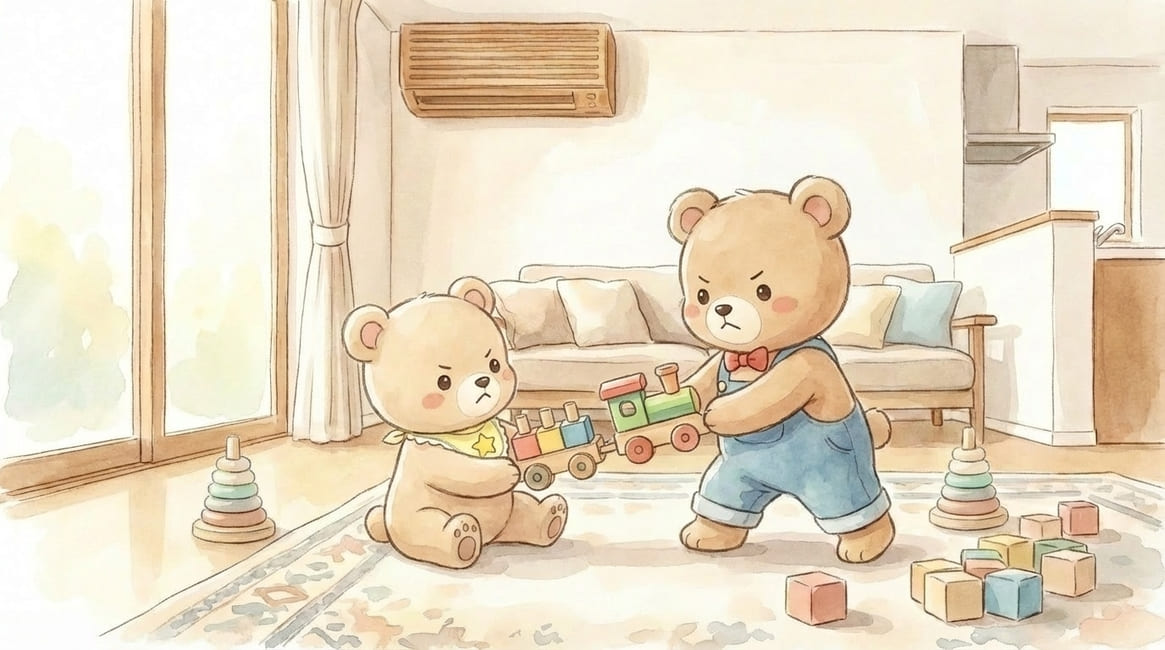 おもちゃを取り合っている兄弟の様子