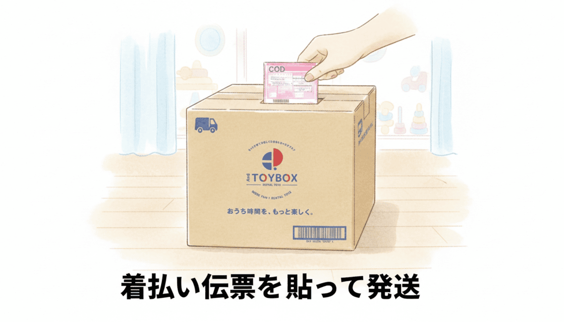 記入済み着払い伝票を段ボールに貼る手元写真