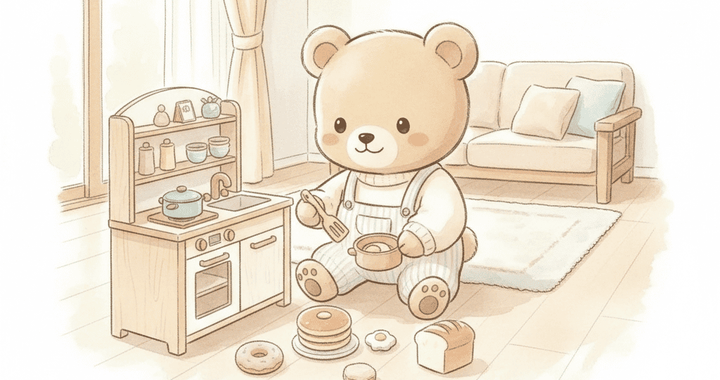 ちびくまが木製ままごとセットで遊んでいる写真