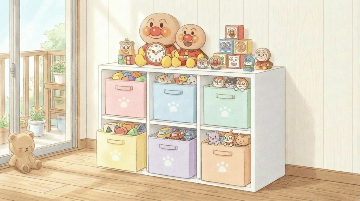 くま家のおもちゃ棚──幅60cmカラーボックスに6点が並ぶ写真