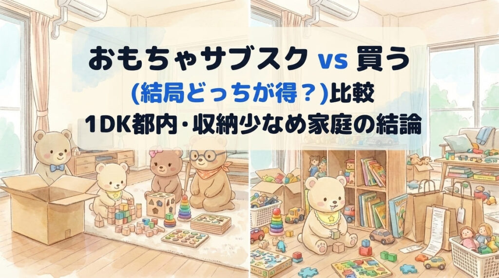 「おもちゃサブスク vs 買う（どっちが得？）を都内1DK・収納少なめ家庭の目線で比較するアイキャッチ画像（くま家）」
