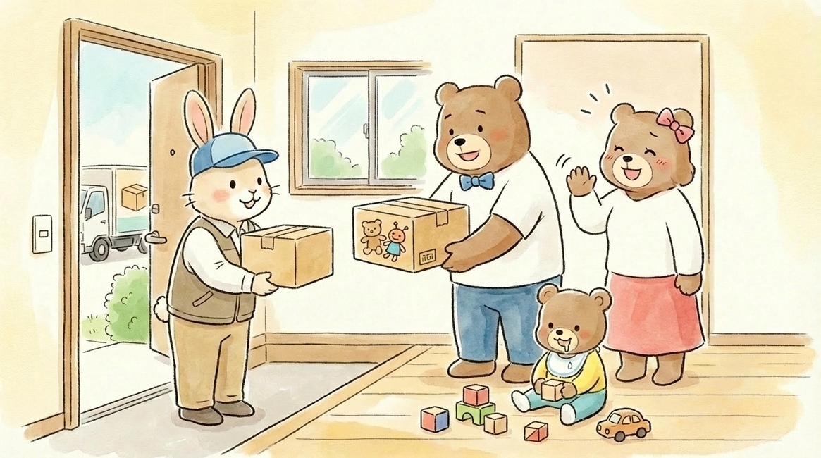 おもちゃを箱に詰めて交換準備をしている様子