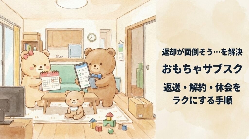 くま家が「おもちゃサブスクの返送・解約・休会」を分かりやすく整理しているアイキャッチイラスト