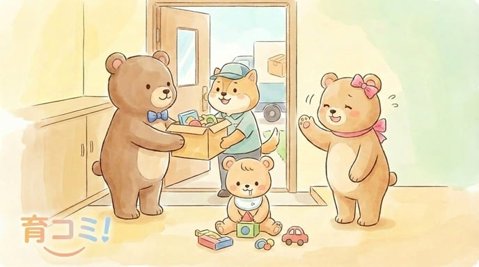 玄関先でおもちゃを交換しているイラスト（同時回収）